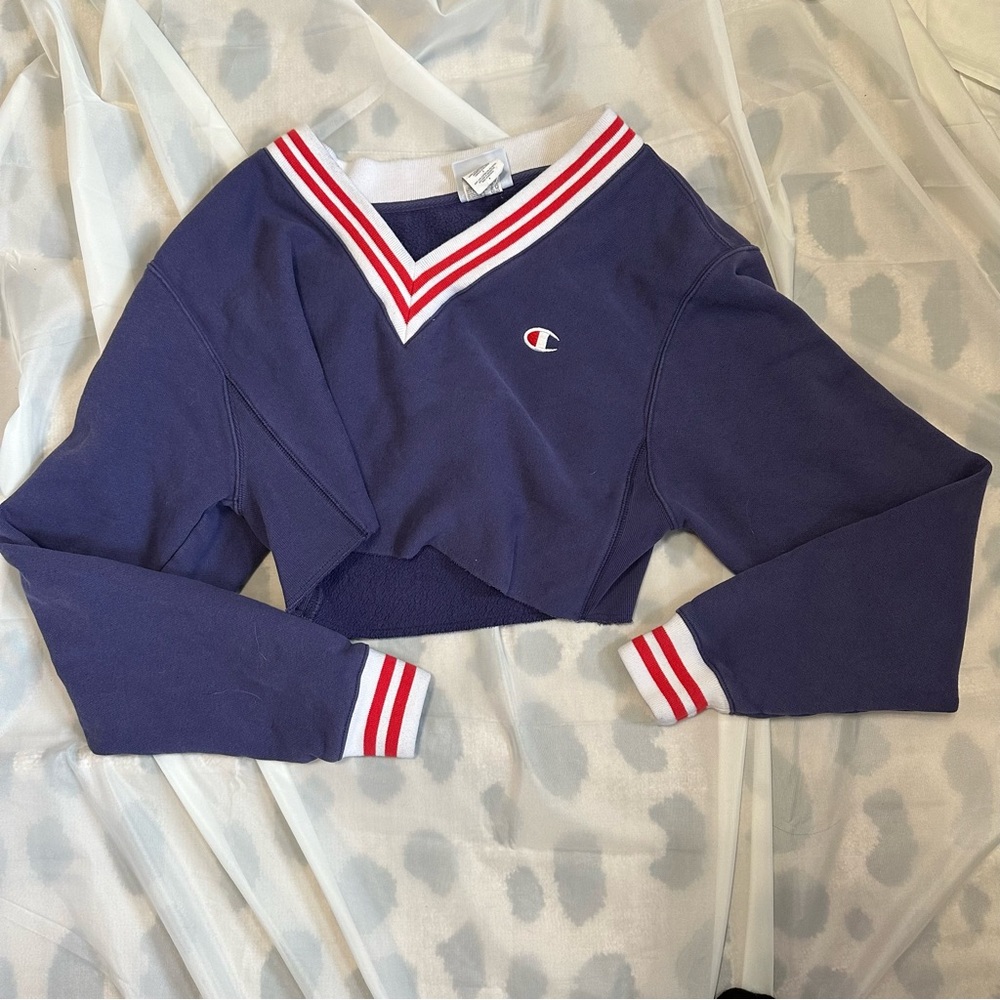 Navy Blue Champion Cropped V Neck Sweaters Size S